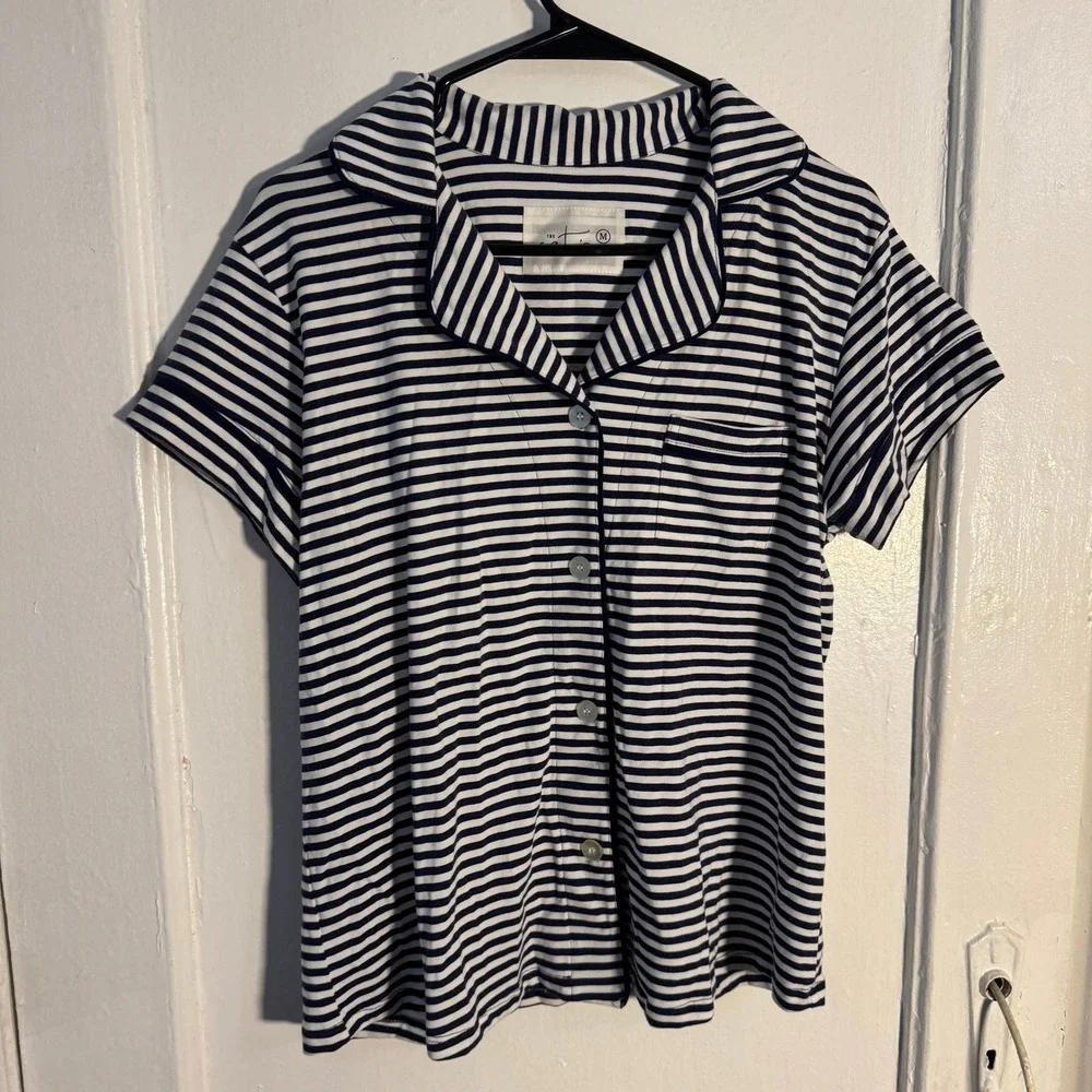 The Cat's Pajamas Womens Navy White Striped Short Sleeve Button Pajama Top M NWT